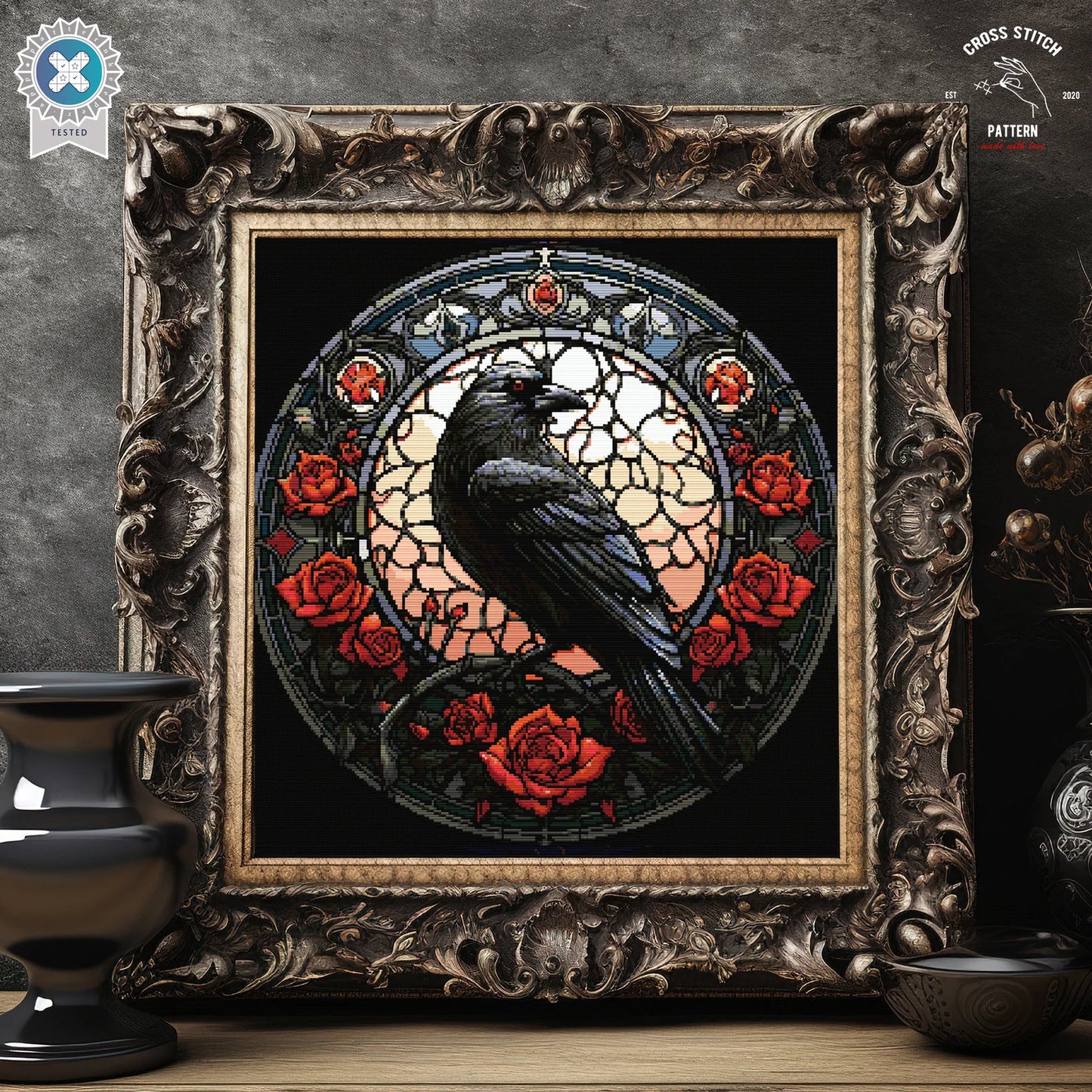 Stained Glass Raven Cross Stitch Pattern Gothic Crow cross stitch Spooky Halloween embroidery Horror cross stitch Mystic Witchy stitcher