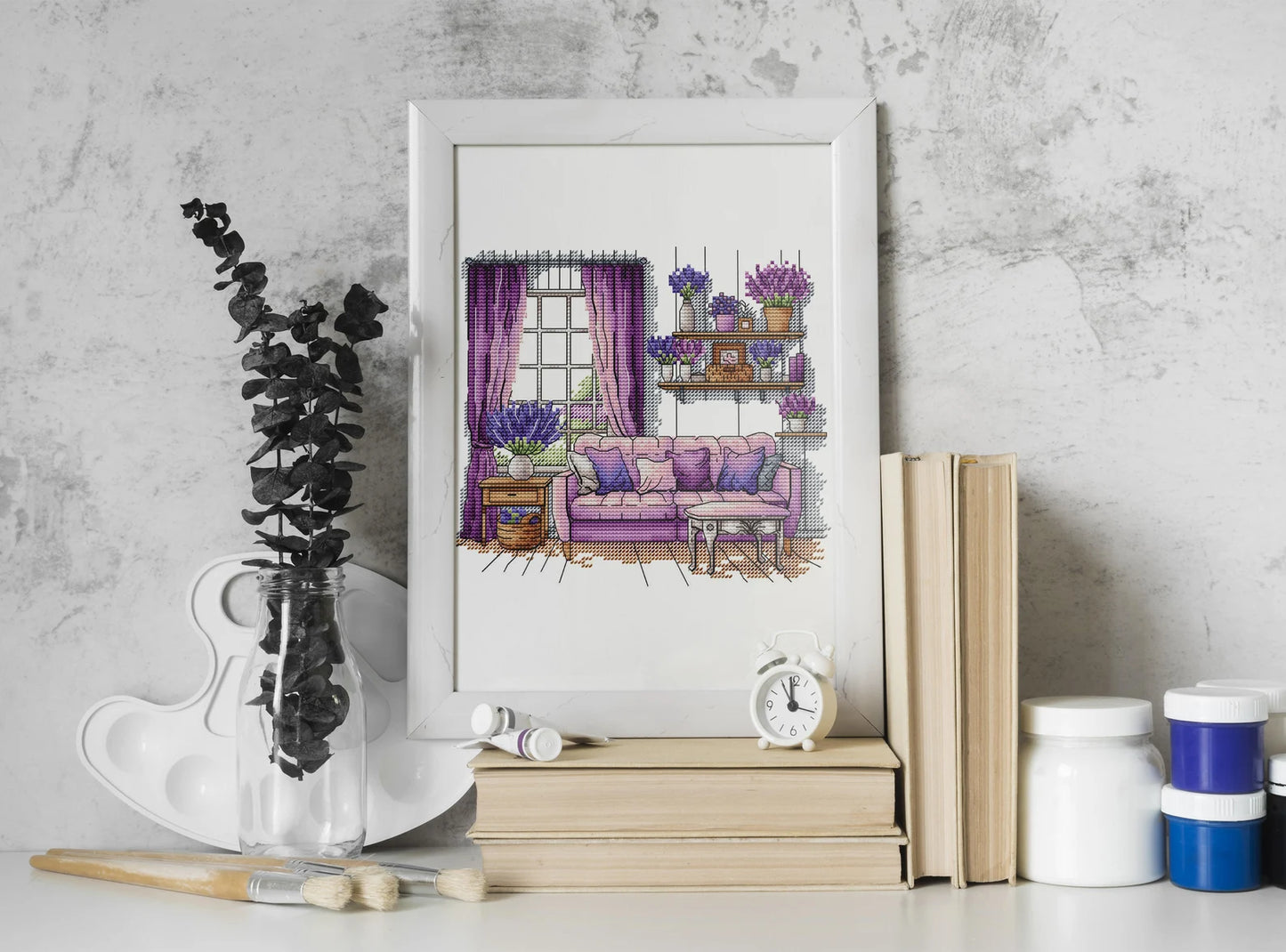 Lavender Cross Stitch Patterns, Lavender cross pattern, Interior embroidery, Decorative embroidery, Lavender room embroidery