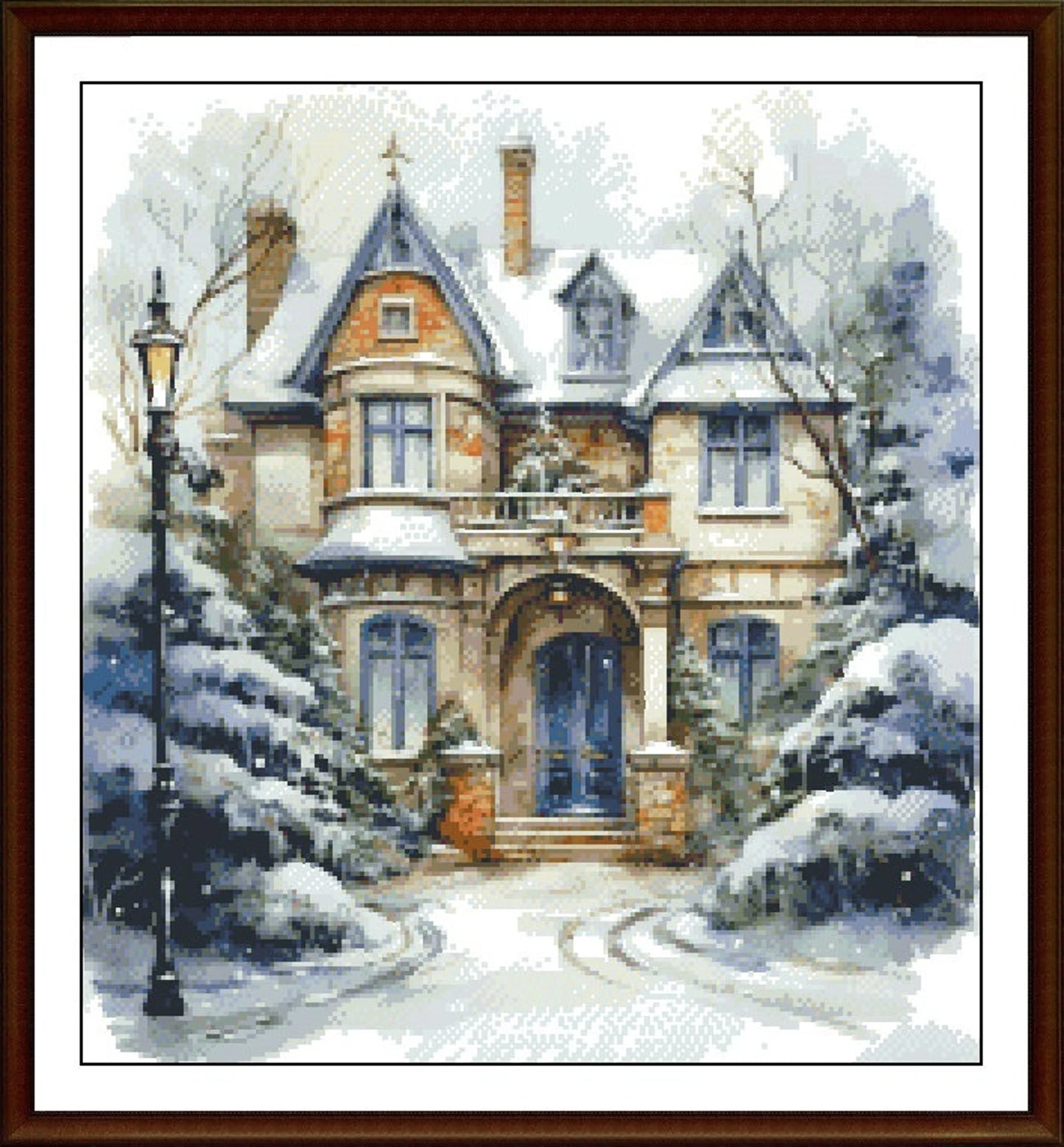 Watercolor Village Cross Stitch Pattern,Blue Door House,City,Landscape,Winter,Victorian Style,Lanscape,Pattern Keeper,Pdf,Instant Download