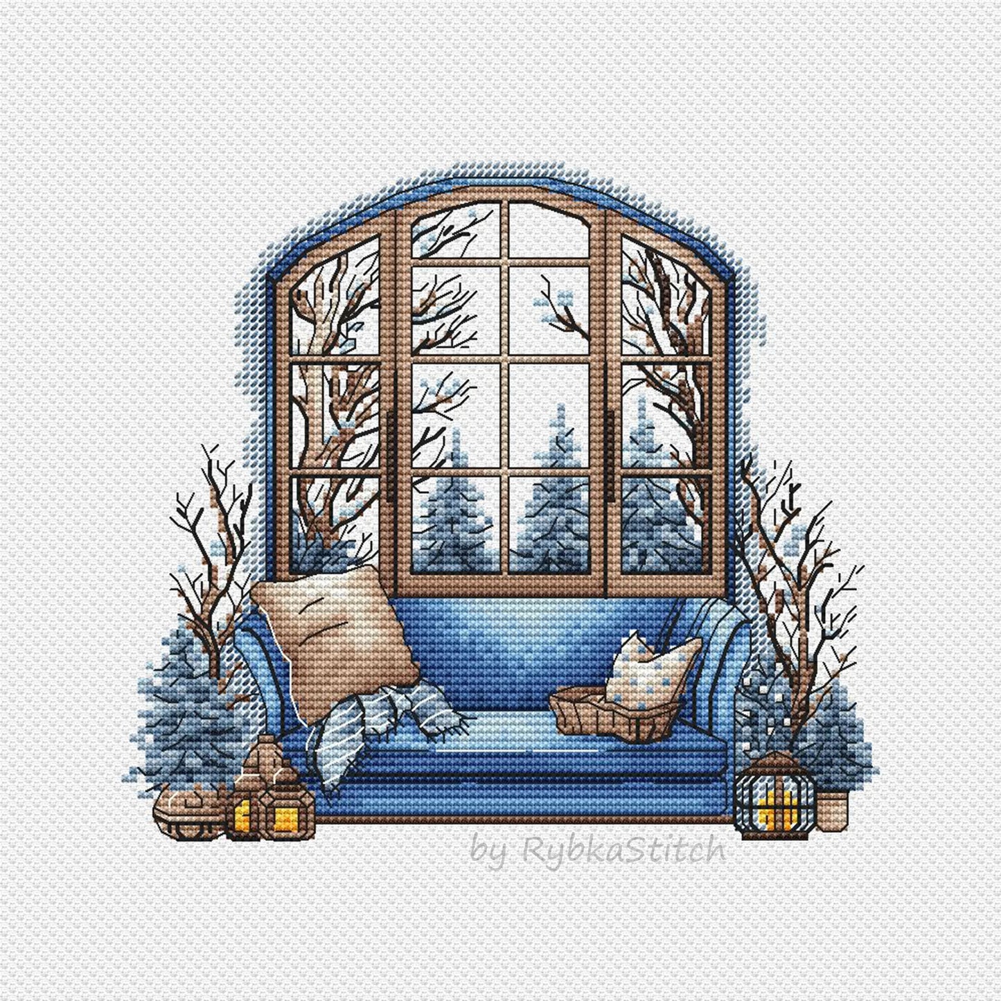 Winter Cross Stitch Pattern PDF, Interior Embroidery PDF, Winter sofa Embroidery PDF, Winter window cross stitch, Embroidery decor