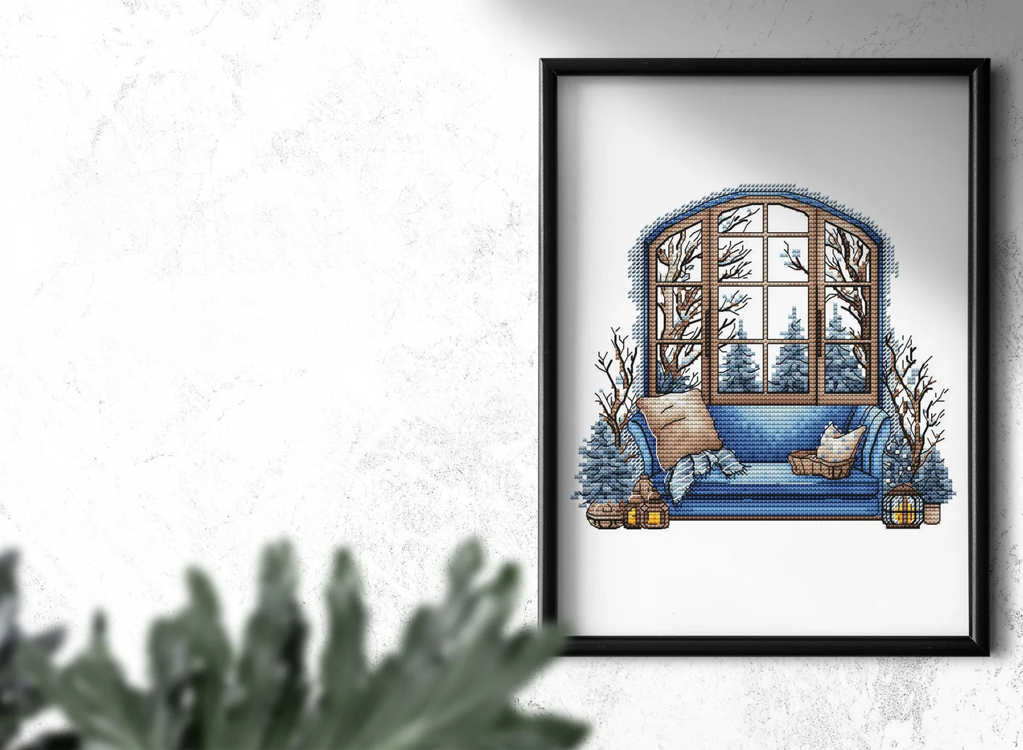 Winter Cross Stitch Pattern PDF, Interior Embroidery PDF, Winter sofa Embroidery PDF, Winter window cross stitch, Embroidery decor