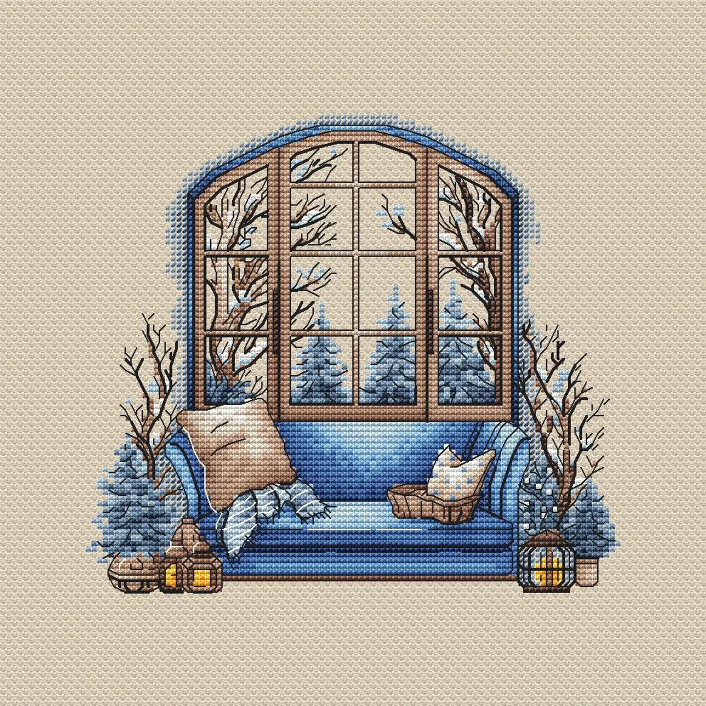Winter Cross Stitch Pattern PDF, Interior Embroidery PDF, Winter sofa Embroidery PDF, Winter window cross stitch, Embroidery decor