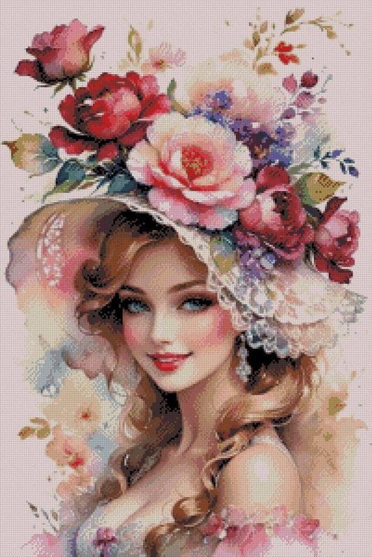 Girl with flower Hat - Counted Cross Stitch Patterns - Printable Chart PDF Format Needlework Embroidery Crafts DIY DMC color