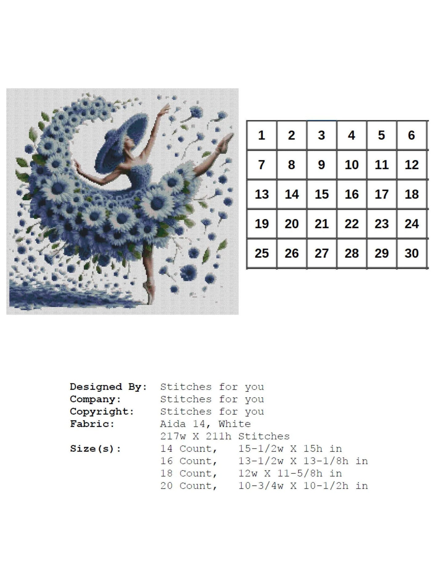 Blue flower Girl - Counted Cross Stitch Patterns - Printable Chart PDF Format Needlework Embroidery Crafts DIY DMC color
