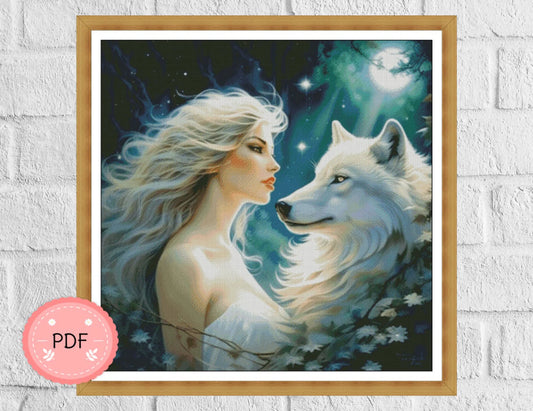 Cross Stitch Pattern,Wolf And Beautiful Lady,Night Forest View,Mysterious Forest,Instant Download,Full Coverage,Starry Night,Mystic,Nature