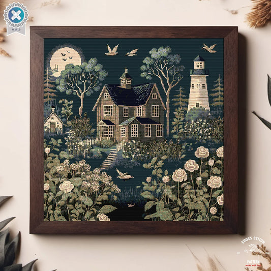 Village houses cross stitch pattern Vintage Cottage Night scene House and Lighthouse chart Landscape cross stitch Full coverage cross stitch