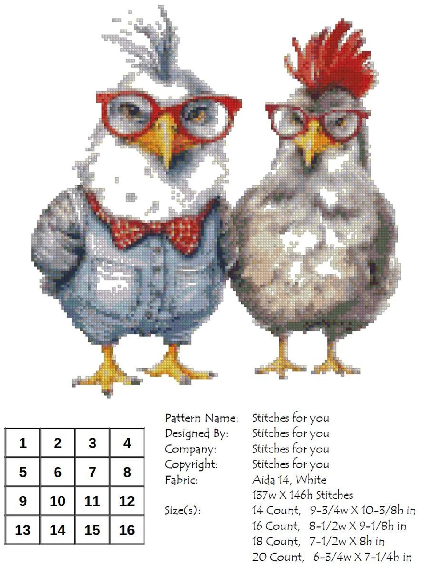 Chicken Couple - Counted Cross Stitch Patterns - Printable Chart PDF Format Needlework Embroidery Crafts DIY DMC color