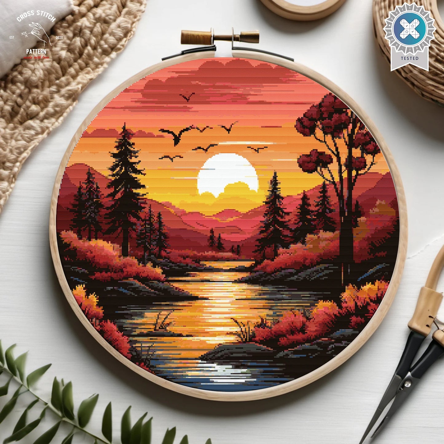 Colorful Landscape Cross Stitch Pattern Sunset Forest cross stitch Lake embroidery Mountain cross stitch Nature landscape Scene cross stitch