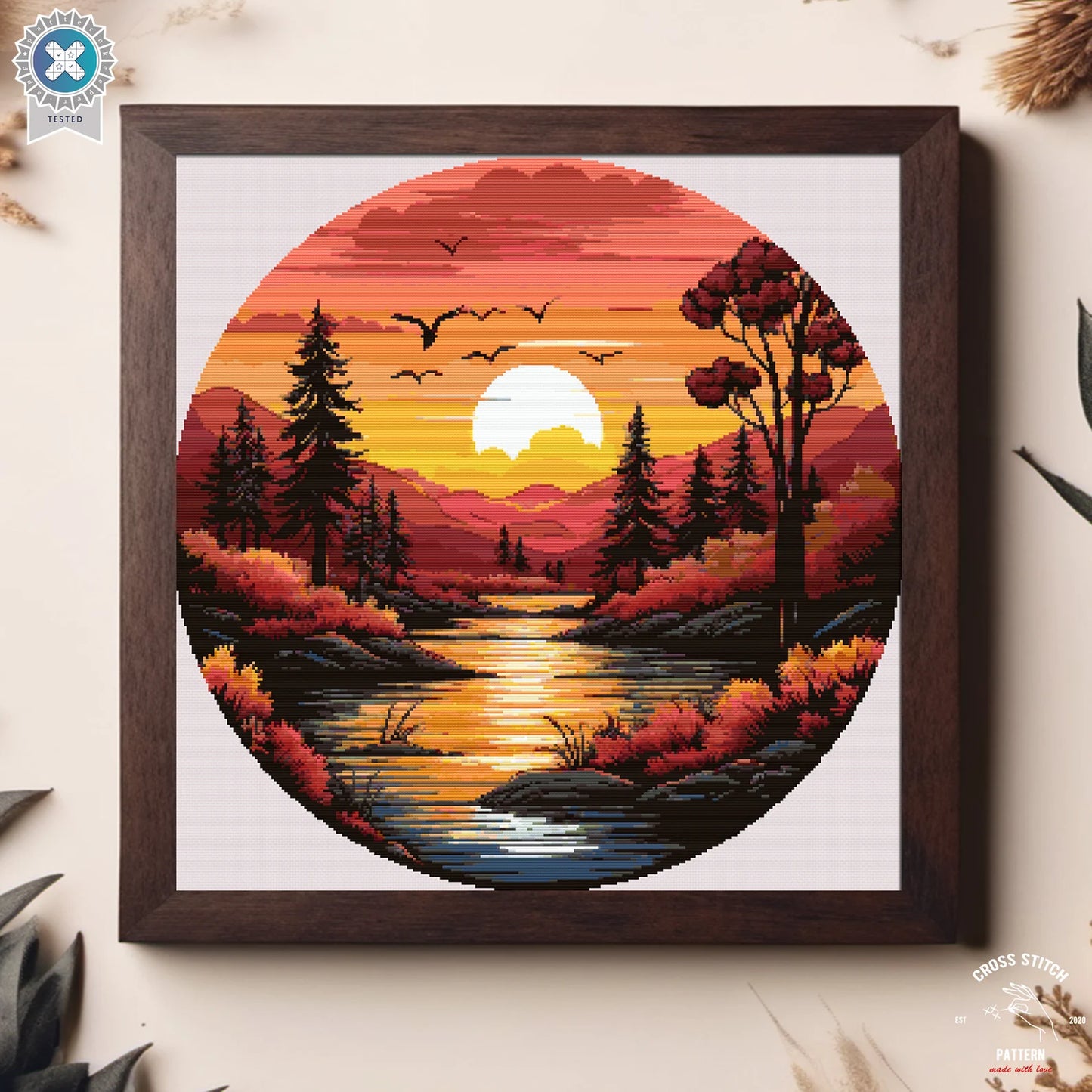 Colorful Landscape Cross Stitch Pattern Sunset Forest cross stitch Lake embroidery Mountain cross stitch Nature landscape Scene cross stitch