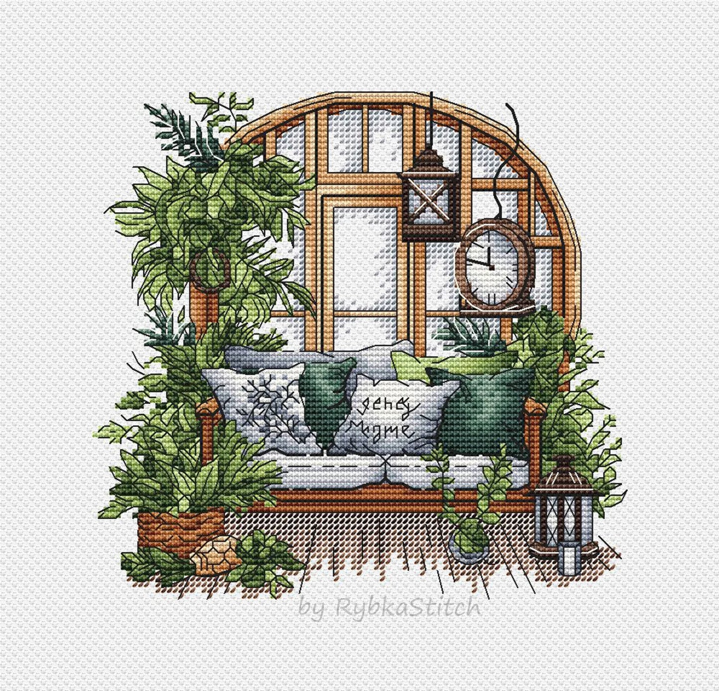 Garden Pattern for Cross Stitch, Interior Embroidery PDF, Green Garden Embroidery PDF, Terrace window cross stitch, Embroidery decor