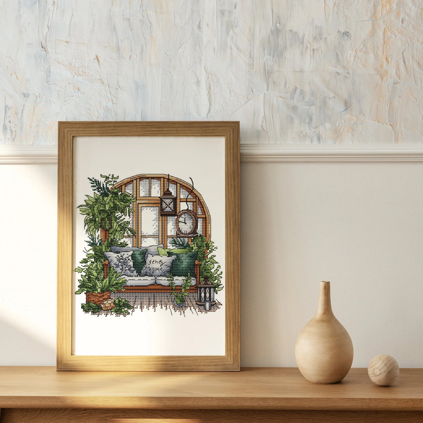 Garden Pattern for Cross Stitch, Interior Embroidery PDF, Green Garden Embroidery PDF, Terrace window cross stitch, Embroidery decor