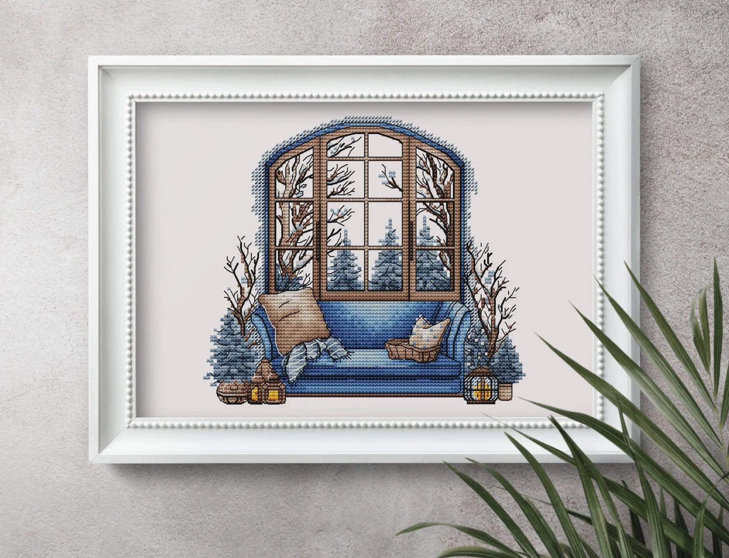 Winter Cross Stitch Pattern PDF, Interior Embroidery PDF, Winter sofa Embroidery PDF, Winter window cross stitch, Embroidery decor