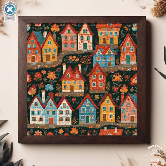 Village cross stitch pattern Colorful Houses Folk art town Countryside Town embroidery City Landscape cross stitch Nature cottagecore chart
