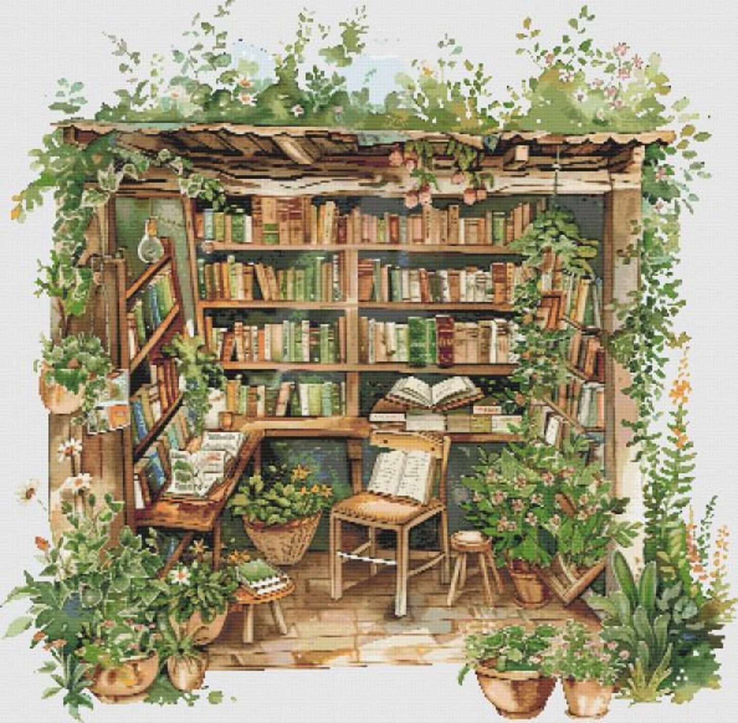 Cozy book hut cross stitch pattern PDF