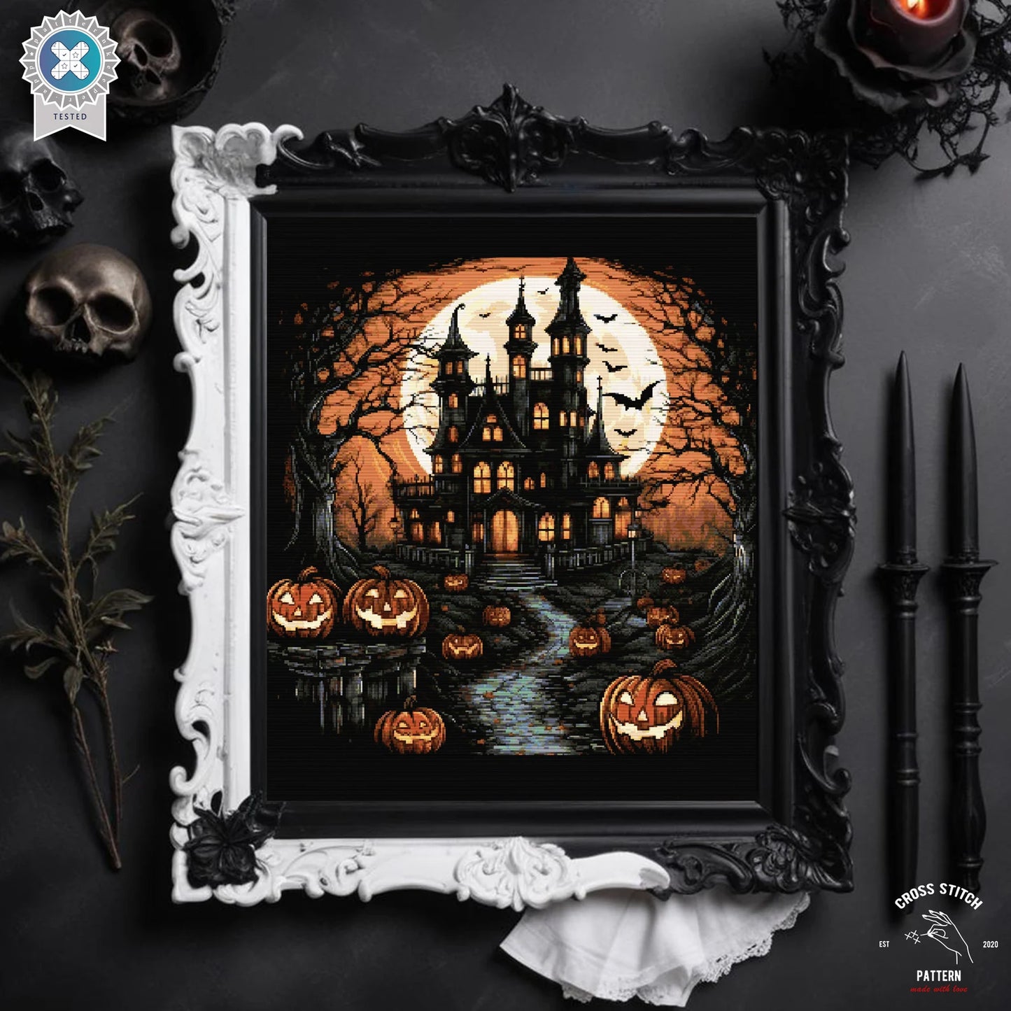 Halloween cross stitch pattern Spooky cross stitch Bat cross stitch Pumpkin cross stitch Ghost embroidery Creepy castle jack o lantern pdf