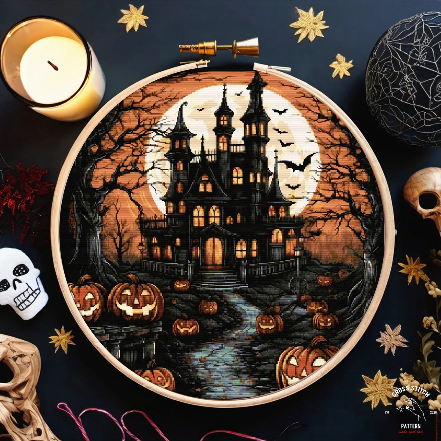 Halloween cross stitch pattern Spooky cross stitch Bat cross stitch Pumpkin cross stitch Ghost embroidery Creepy castle jack o lantern pdf