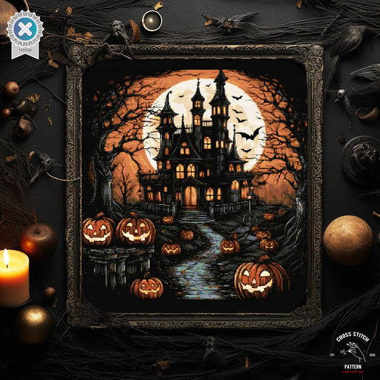 Halloween cross stitch pattern Spooky cross stitch Bat cross stitch Pumpkin cross stitch Ghost embroidery Creepy castle jack o lantern pdf
