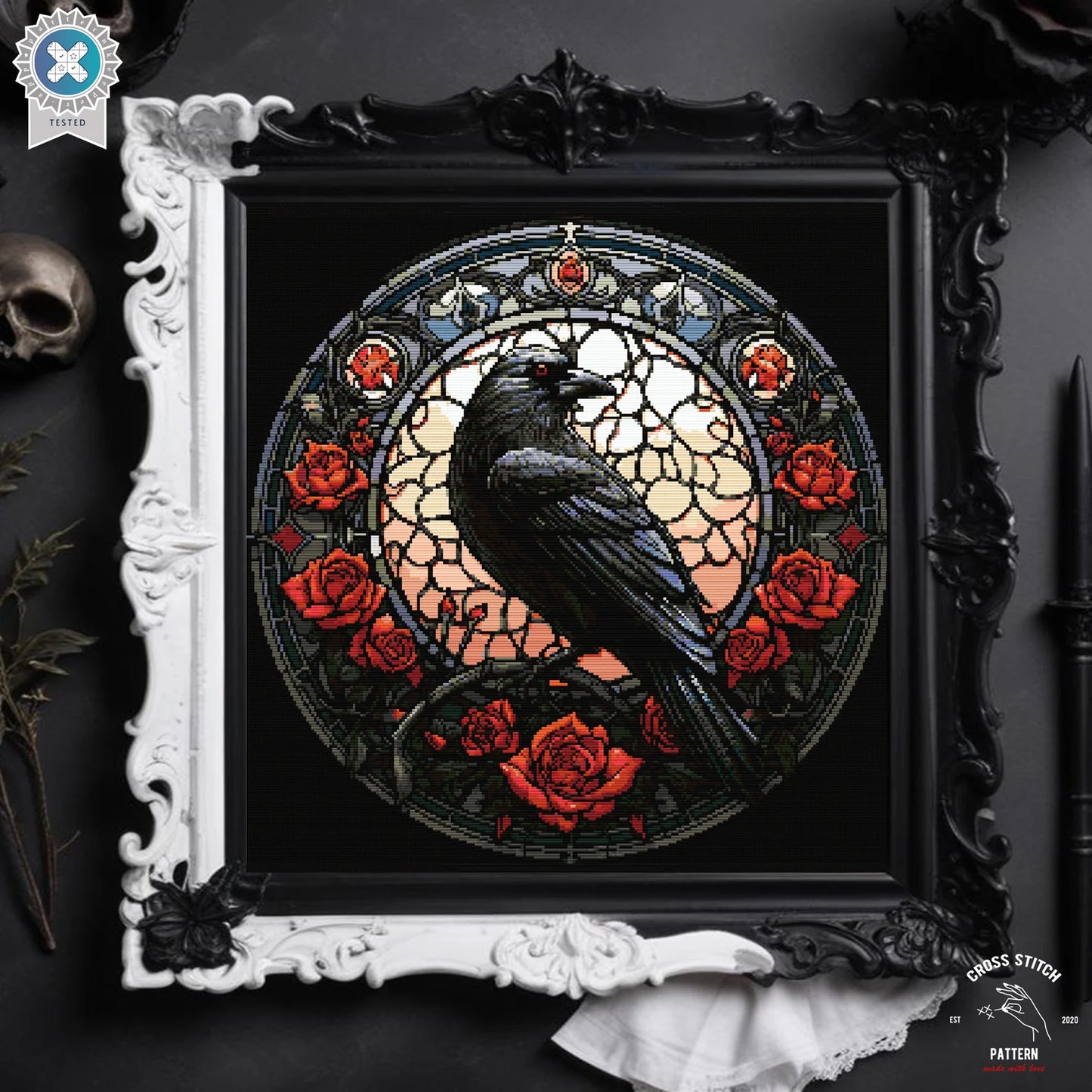Stained Glass Raven Cross Stitch Pattern Gothic Crow cross stitch Spooky Halloween embroidery Horror cross stitch Mystic Witchy stitcher