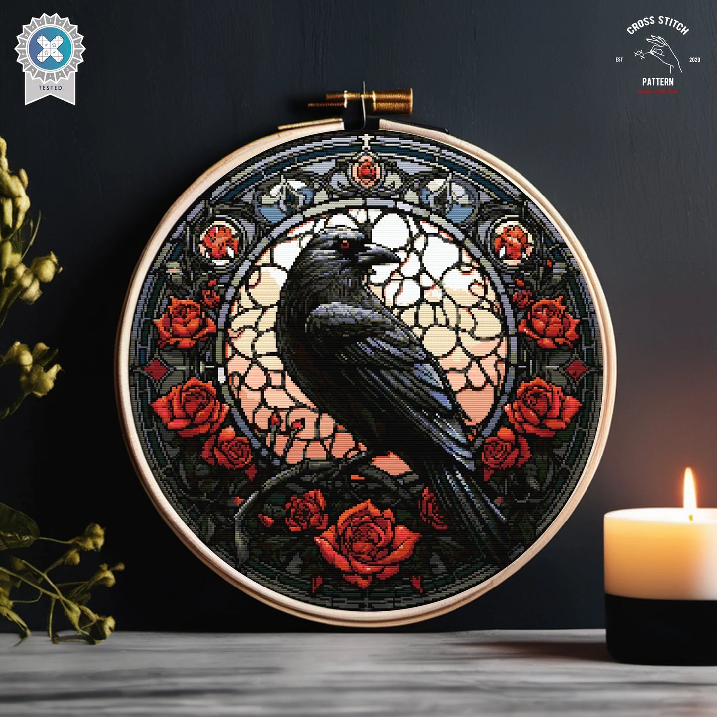 Stained Glass Raven Cross Stitch Pattern Gothic Crow cross stitch Spooky Halloween embroidery Horror cross stitch Mystic Witchy stitcher