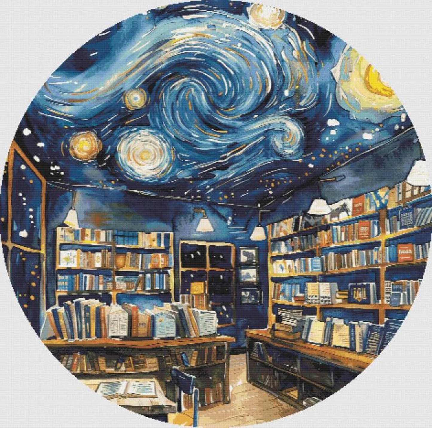Starry night bookshop cross stitch pattern full coverage PDF