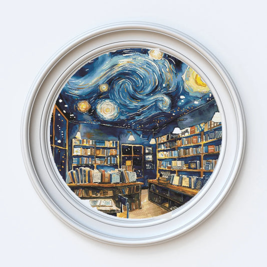 Starry night bookshop cross stitch pattern full coverage PDF