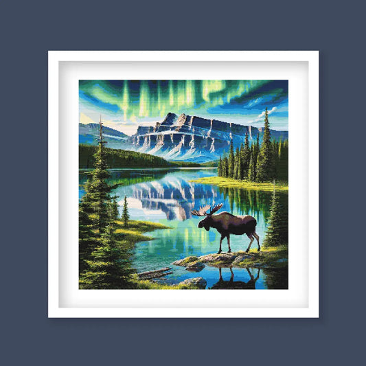 Majestic Moose Under Northern Lights Cross Stitch Pattern. Wildlife Aurora Borealis Northern Lights Embroidery Design. Digital PDF Download.