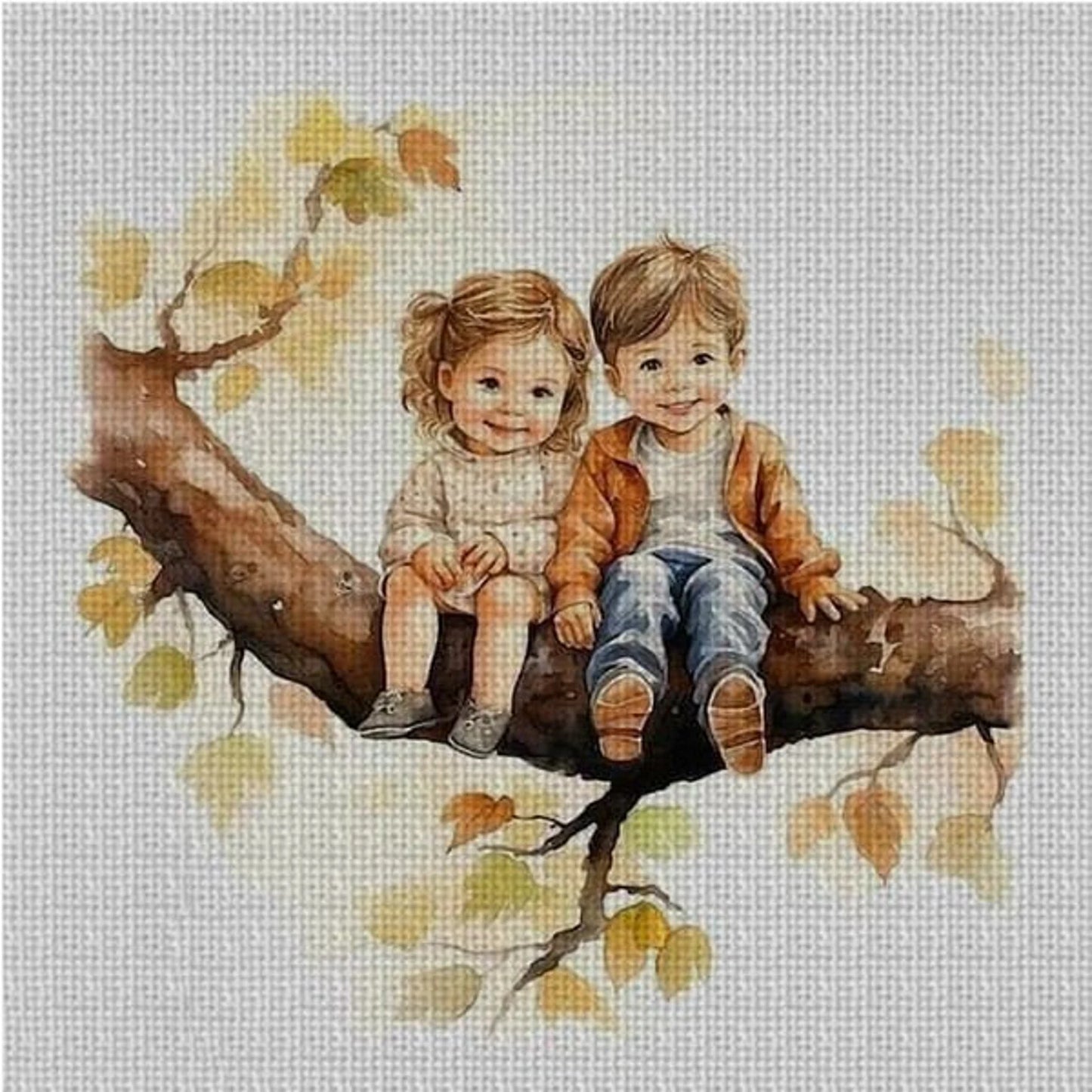 Little boy and girl cross stitch pattern, children cross stitch, children on the tree cross stitch