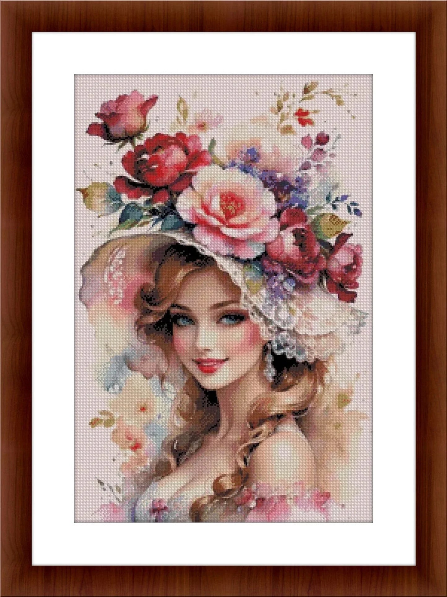 Girl with flower Hat - Counted Cross Stitch Patterns - Printable Chart PDF Format Needlework Embroidery Crafts DIY DMC color