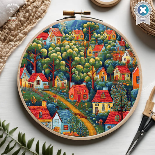 Colorful Village Houses cross stitch pattern Folk art town Floral cottage embroidery City Forest Landscape cross stitch Nature cottagecore