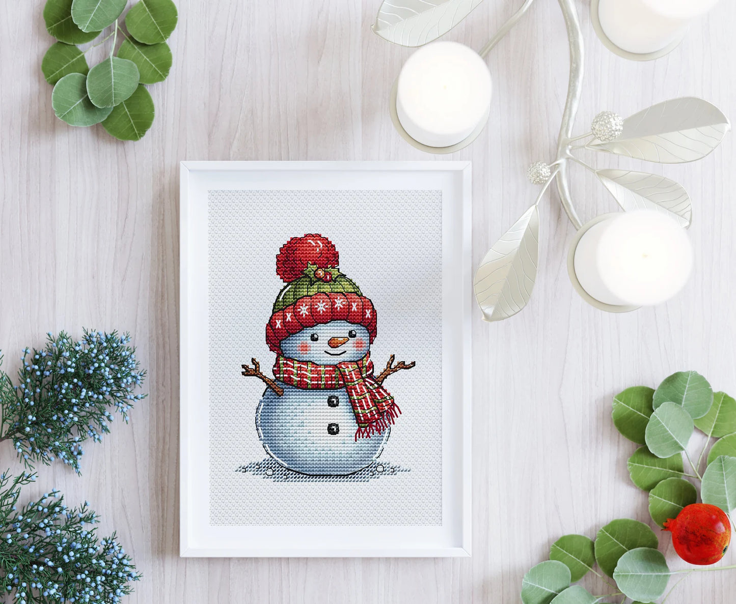 Snowman Cross Stitch Pattern, Christmas Holiday Classic Snowman with Red Green Hat and Motley Scarf Whimsical Needlepoint PDF Winter Friend
