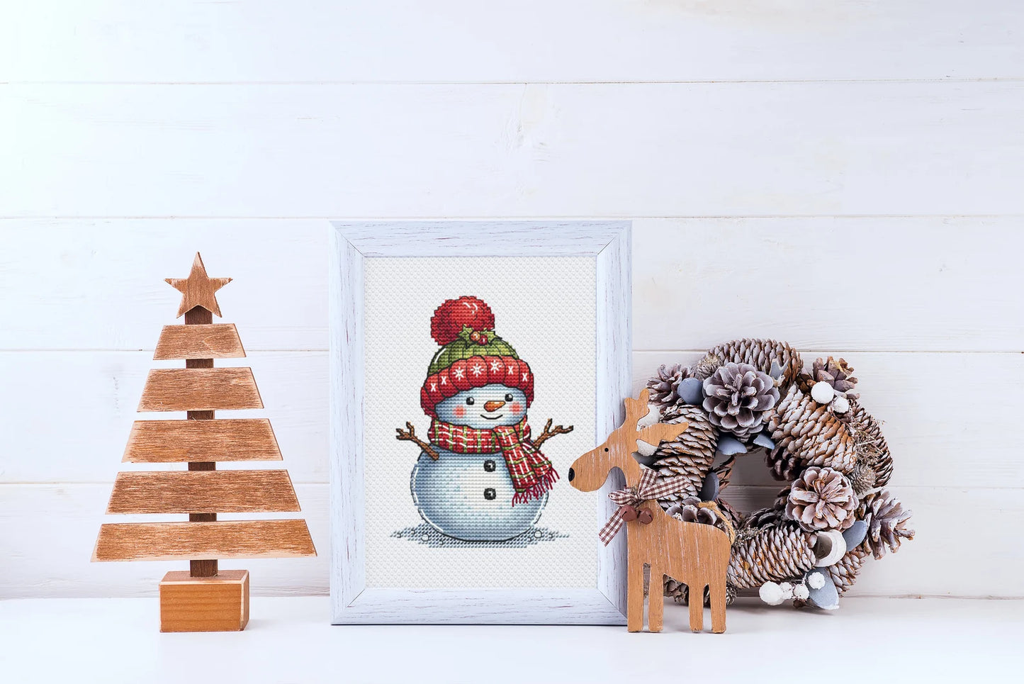 Snowman Cross Stitch Pattern, Christmas Holiday Classic Snowman with Red Green Hat and Motley Scarf Whimsical Needlepoint PDF Winter Friend