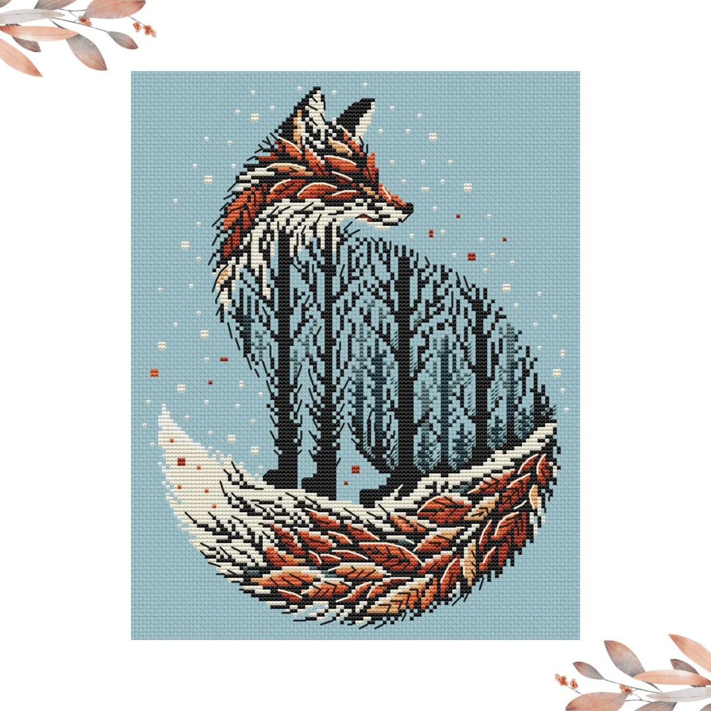 Autumn scheme for embroidery. "Autumn Fox". Cozy pattern. Cross-stitch pattern. Cross-stitch embroidery.