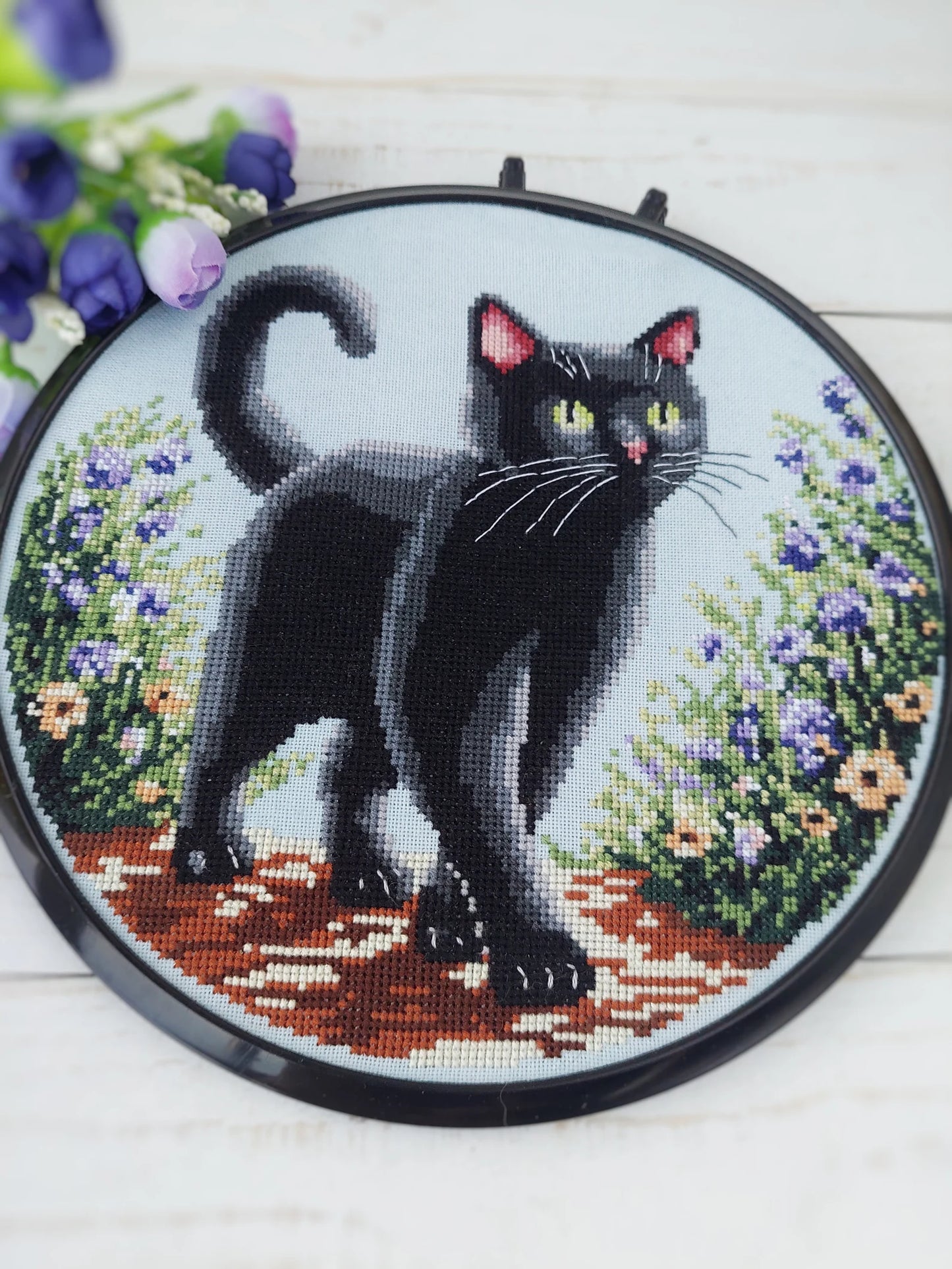 Black Cat Cross Stitch Pattern, Cross Stitch, punto de cruz, point de croix, Cross Stitch Pattern Flower, Cat Cross Stitch Pattern