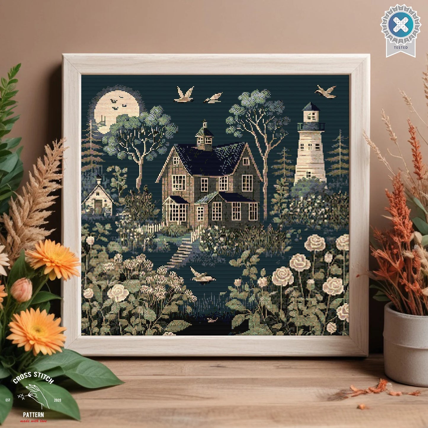 Village houses cross stitch pattern Vintage Cottage Night scene House and Lighthouse chart Landscape cross stitch Full coverage cross stitch