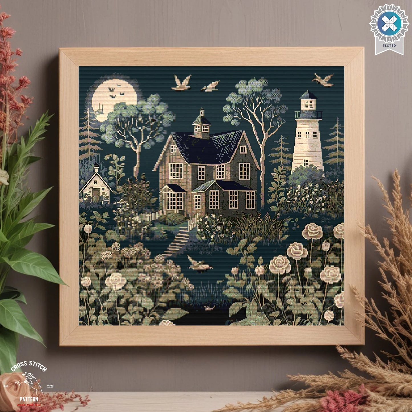 Village houses cross stitch pattern Vintage Cottage Night scene House and Lighthouse chart Landscape cross stitch Full coverage cross stitch