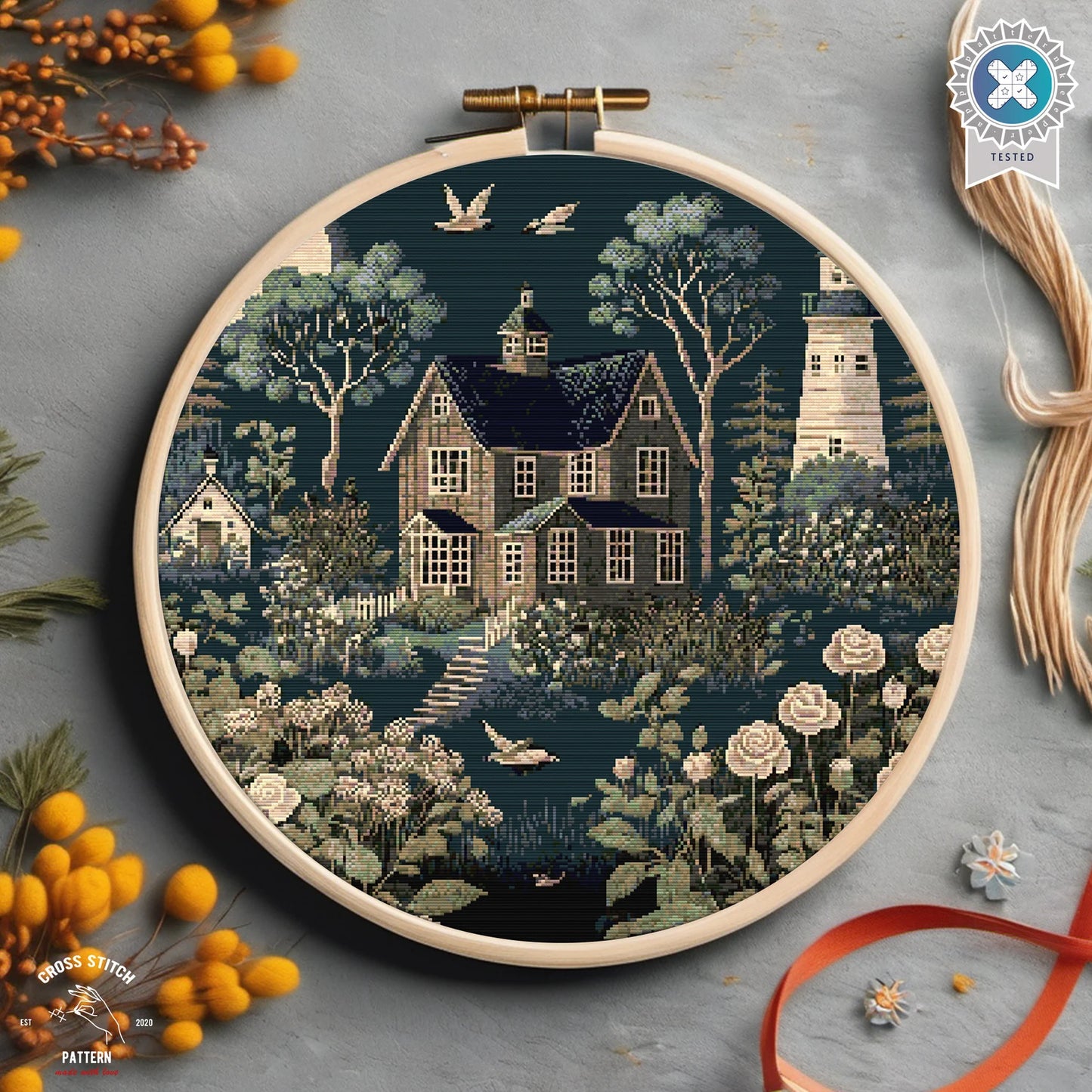 Village houses cross stitch pattern Vintage Cottage Night scene House and Lighthouse chart Landscape cross stitch Full coverage cross stitch
