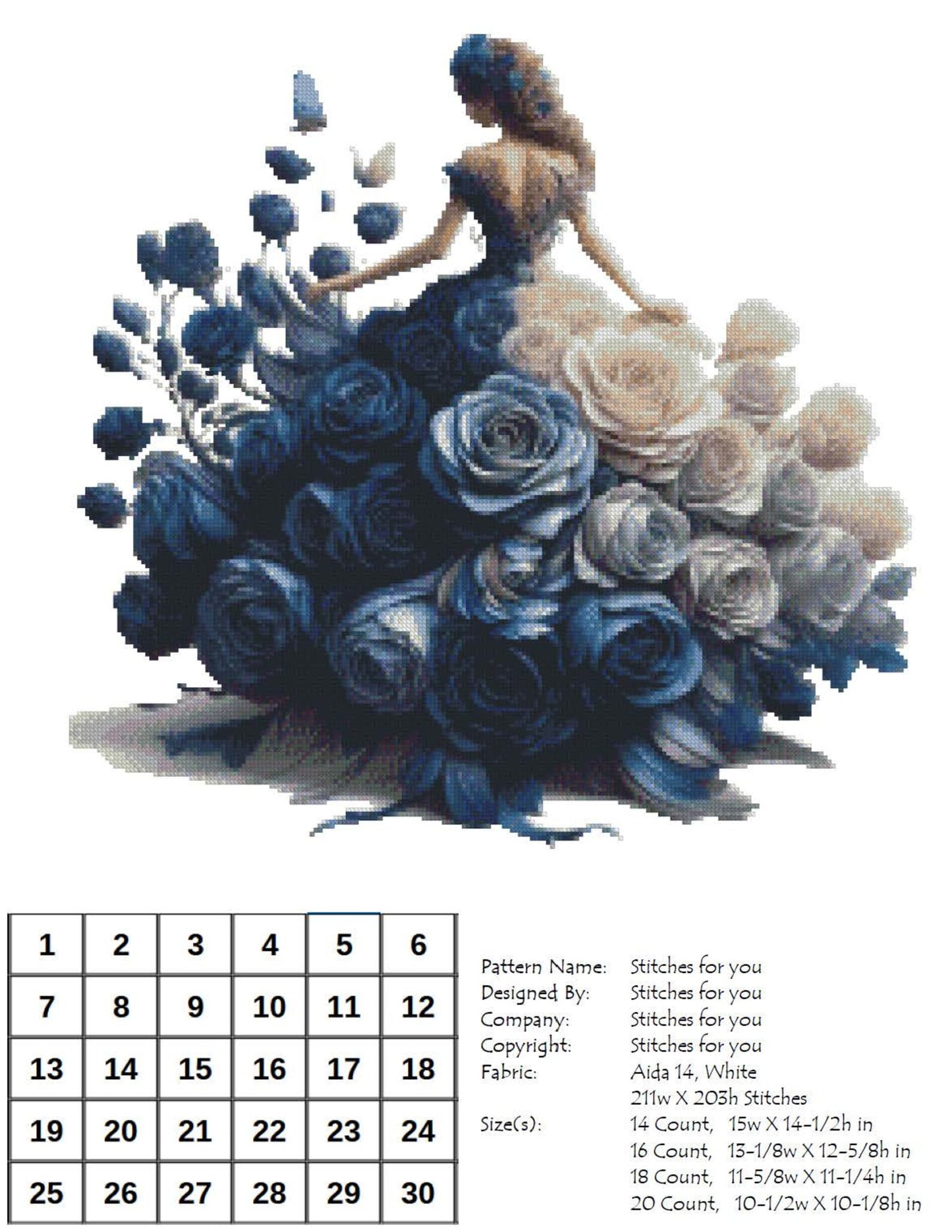 Blue dress girl - Counted Cross Stitch Patterns - Printable Chart PDF Format Needlework Embroidery Crafts DIY DMC color