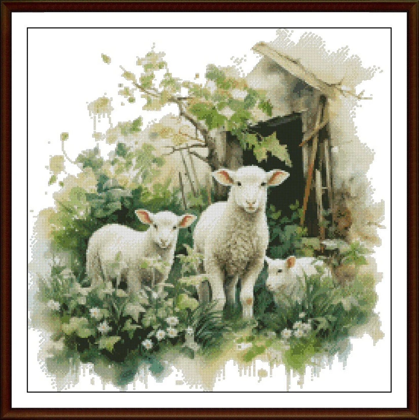 Watercolor Cross Stitch Pattern,Three Sheep in Front of Barn,Spring Landscape,Pattern Keeper,xstitch,PDF,Instant Download