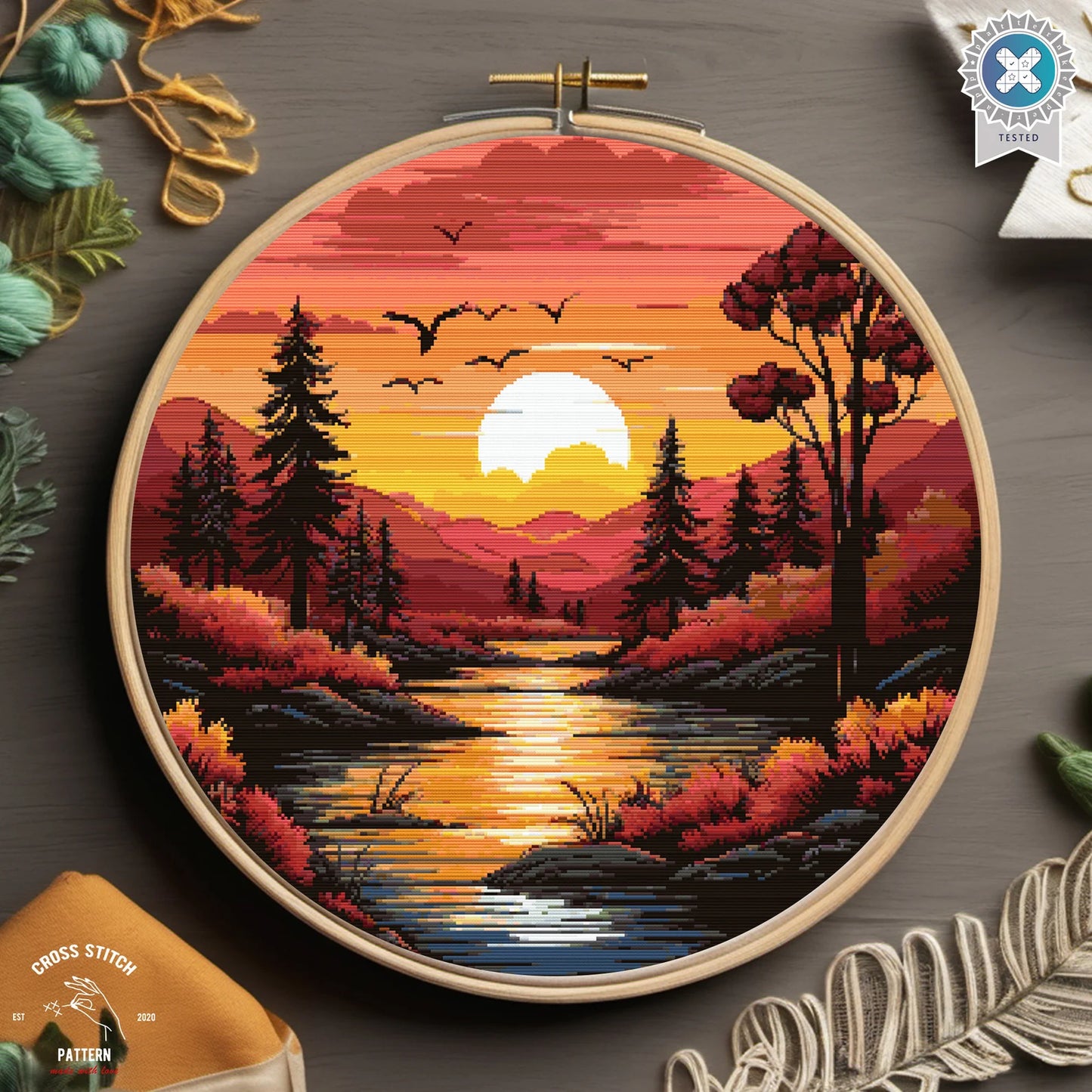Colorful Landscape Cross Stitch Pattern Sunset Forest cross stitch Lake embroidery Mountain cross stitch Nature landscape Scene cross stitch