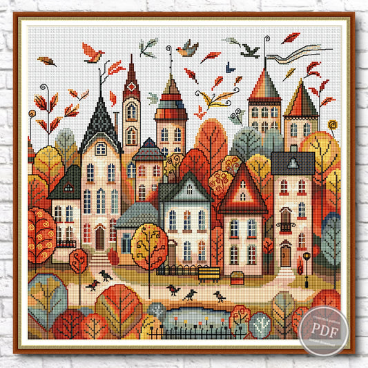 Cross stitch pattern Autumn town, Fairytale town for cross stitch, Autumn house for cross stitch, Vintage cross stitch, Digital PDF 474