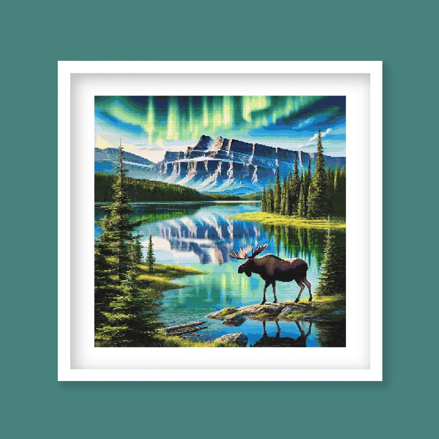 Majestic Moose Under Northern Lights Cross Stitch Pattern. Wildlife Aurora Borealis Northern Lights Embroidery Design. Digital PDF Download.