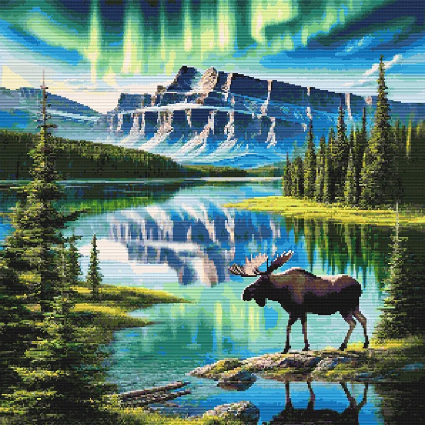 Majestic Moose Under Northern Lights Cross Stitch Pattern. Wildlife Aurora Borealis Northern Lights Embroidery Design. Digital PDF Download.