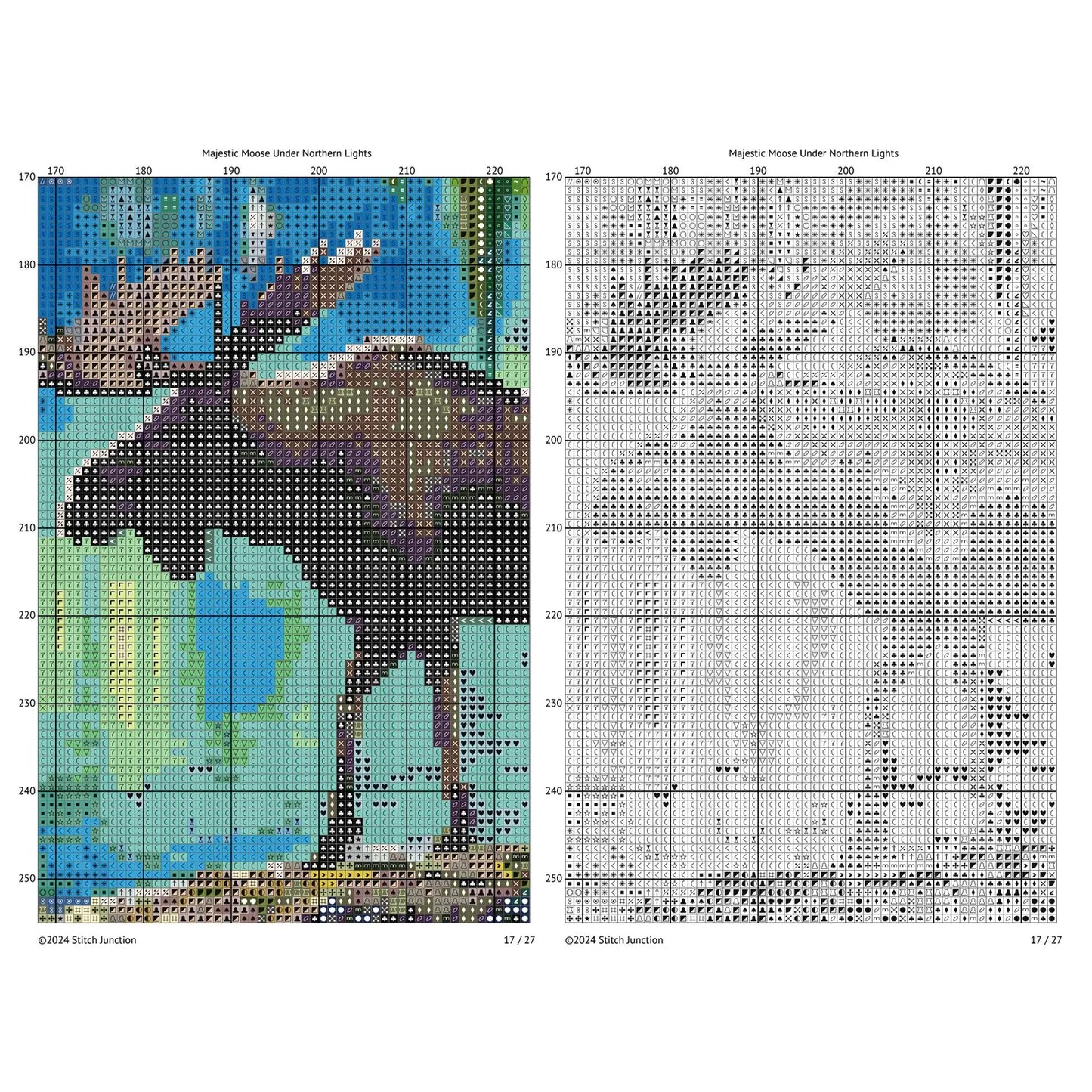 Majestic Moose Under Northern Lights Cross Stitch Pattern. Wildlife Aurora Borealis Northern Lights Embroidery Design. Digital PDF Download.
