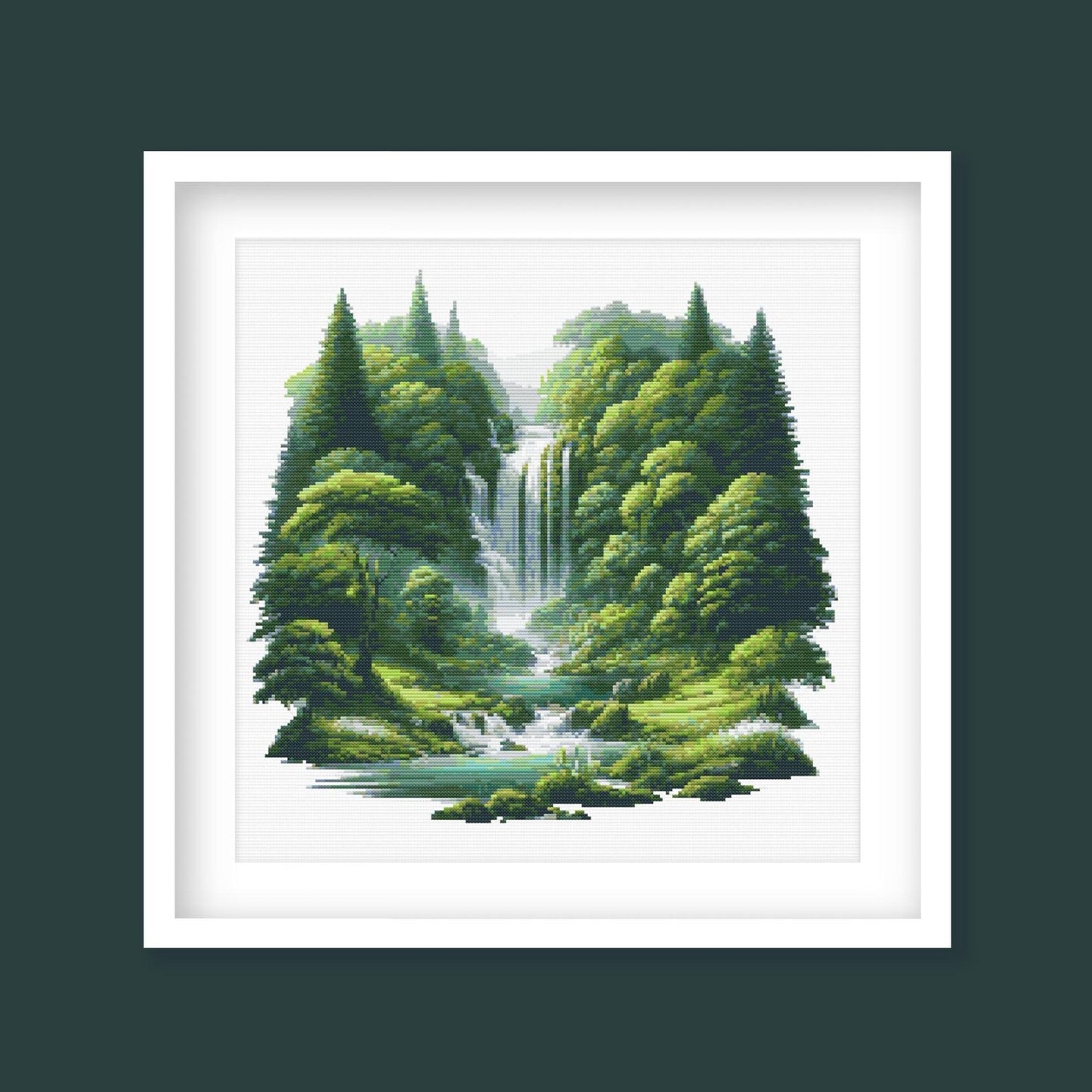 Forest Waterfall Cross Stitch Pattern, Digital Download, Nature Landscape Embroidery, Needlepoint Craft, Digital PDF Download.