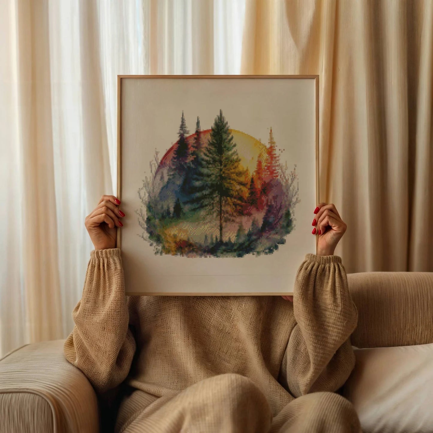 Watercolor Cross Stitch Pattern,Forest with Rainbow,Tree life Colorful,Pattern Keeper,Landscape,Hand Embroidery,Instant Download