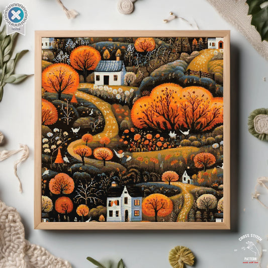 Village houses cross stitch pattern Colorful Autumn Countryside Nature Landscape cross stitch folk art town Modern farmhouse cottagecore