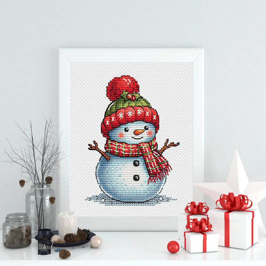 Snowman Cross Stitch Pattern, Christmas Holiday Classic Snowman with Red Green Hat and Motley Scarf Whimsical Needlepoint PDF Winter Friend
