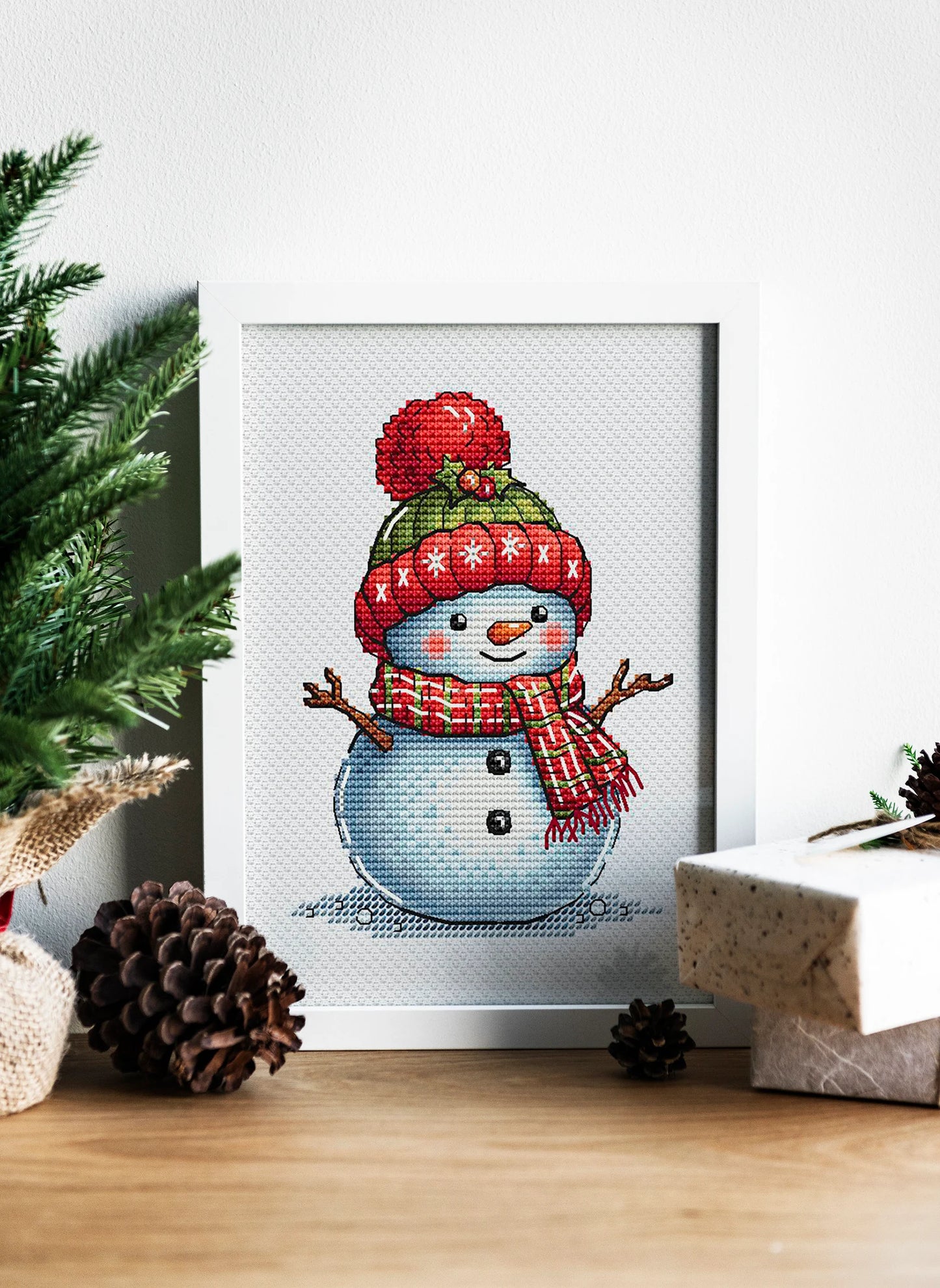 Snowman Cross Stitch Pattern, Christmas Holiday Classic Snowman with Red Green Hat and Motley Scarf Whimsical Needlepoint PDF Winter Friend