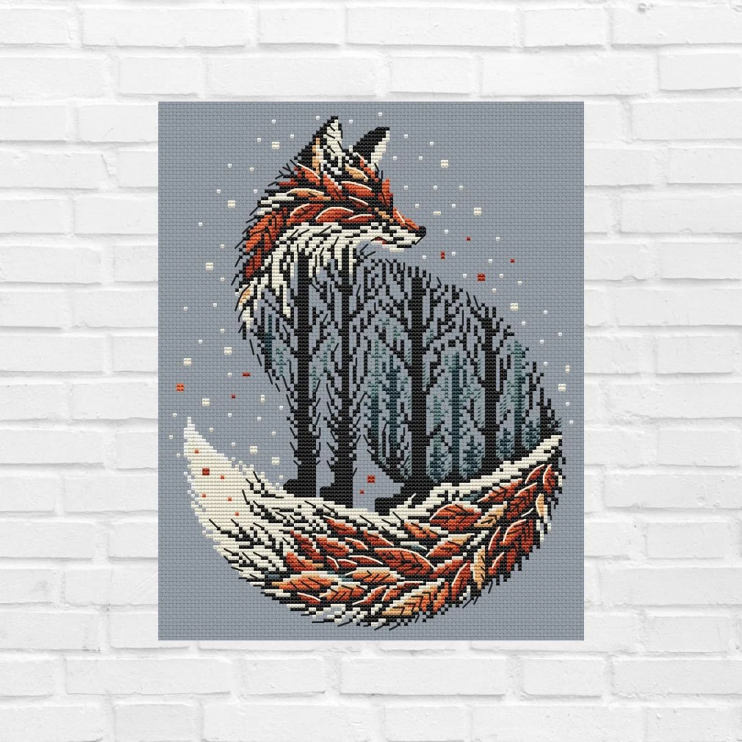 Autumn scheme for embroidery. "Autumn Fox". Cozy pattern. Cross-stitch pattern. Cross-stitch embroidery.