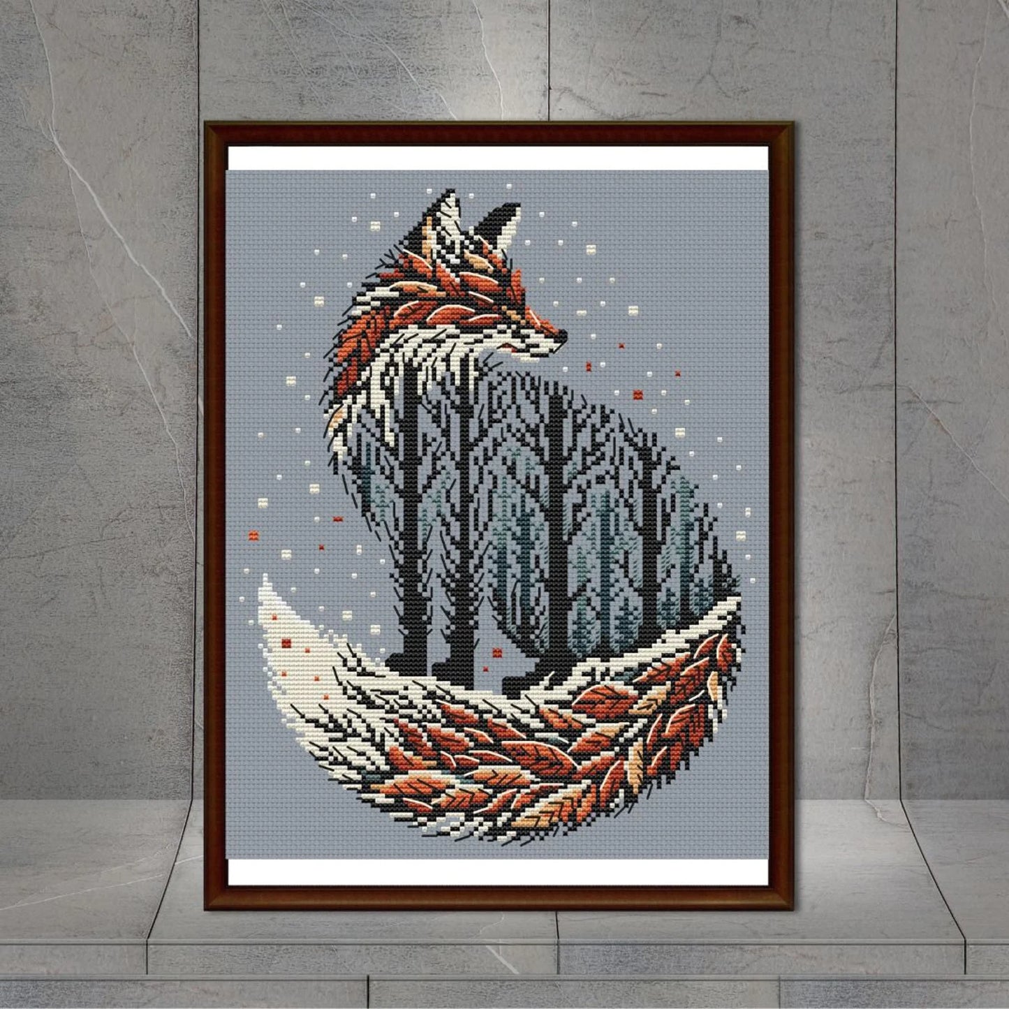 Autumn scheme for embroidery. "Autumn Fox". Cozy pattern. Cross-stitch pattern. Cross-stitch embroidery.